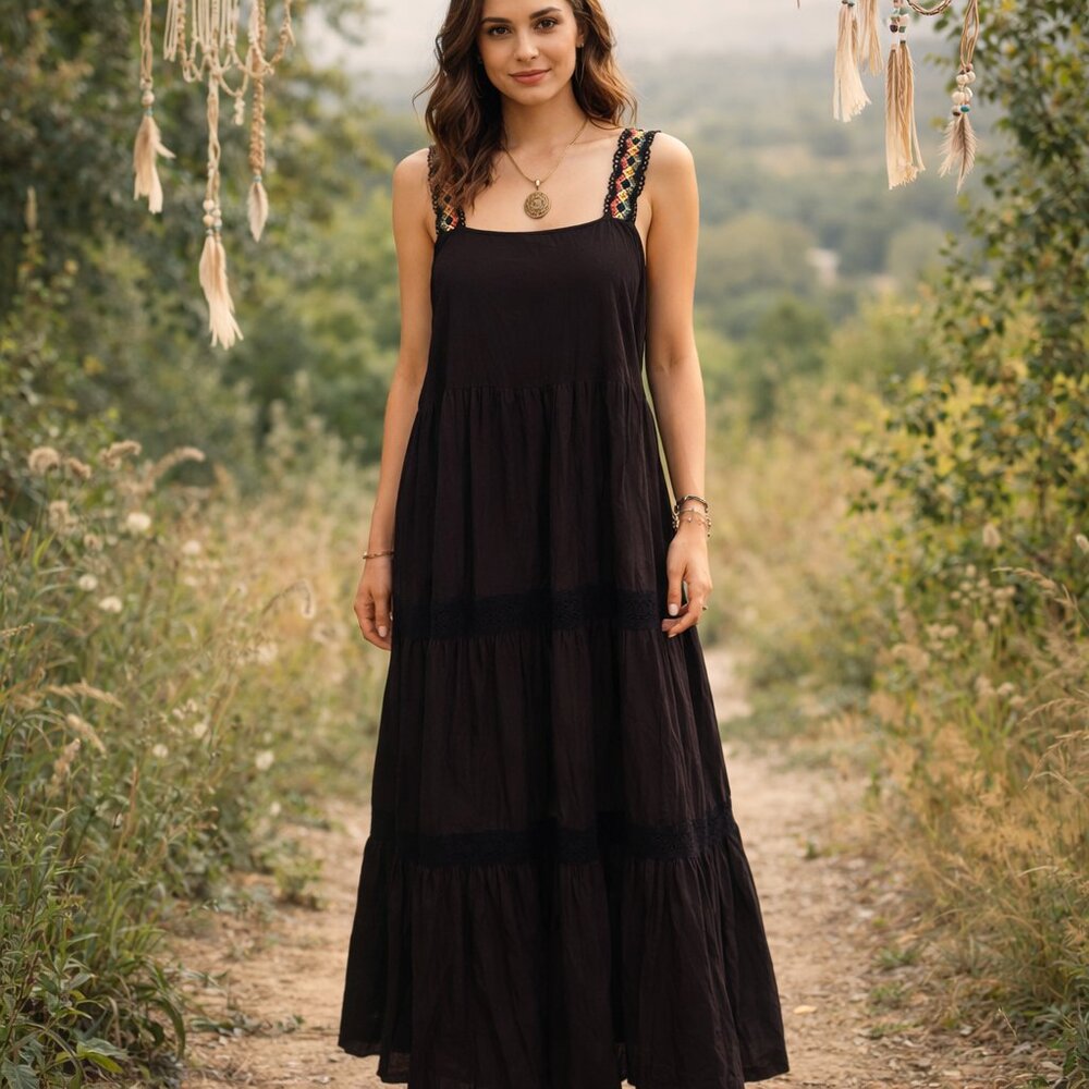 Desigual Black Brown XXL Maxi Dress with Colorful Straps Floral Embroidery